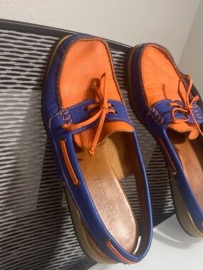 Sesto Meucci Orange and Blue Leather Moccasin Loafers